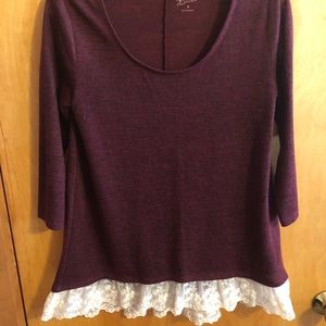 Wine colored sweater with cream colored lace trim